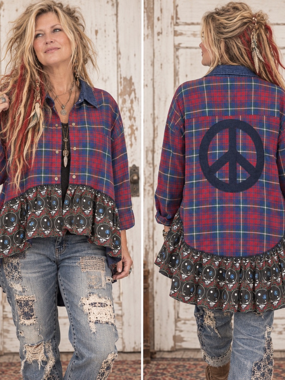 Boho Plaid Peace Sign Ruffle Hem Shirt Jacket Grateful Dead XL